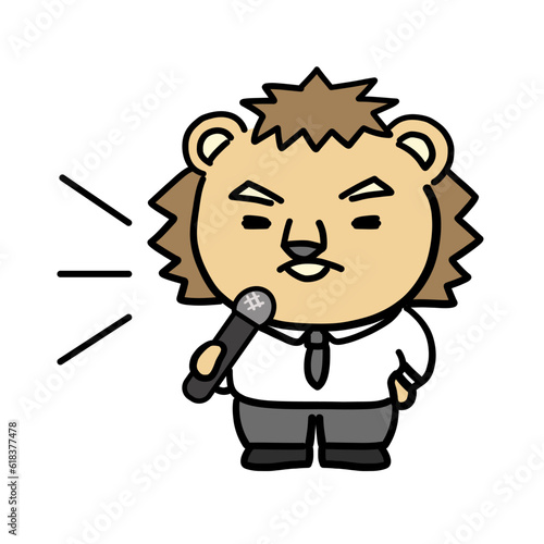 マイクを持って話すライオンのキャラクター