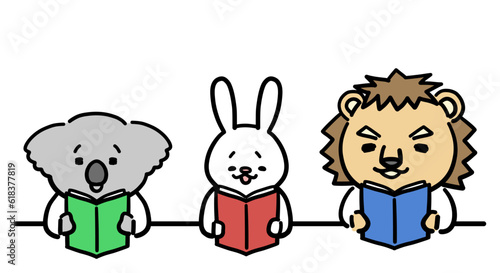 本を読む動物たち　コアラ　ウサギ　ライオン