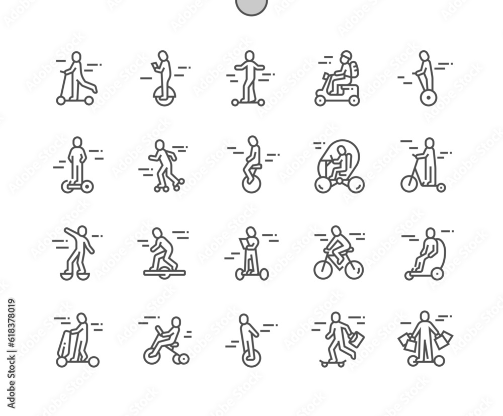 Personal transportation. People riding. One wheel scooter, rollers, bicycle, electric skates. Pixel Perfect Vector Thin Line Icons. Simple Minimal Pictogram Personal transportation. People riding. One wheel scooter, rollers, bicycle, electric skates. Pixel Perfect Vector Thin Line Icons. Simple Minimal Pictogram