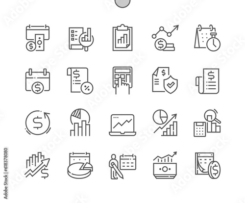 Fiscal year. Financial reporting. Statistics, growth, accounting, revenue. Pixel Perfect Vector Thin Line Icons. Simple Minimal Pictogram