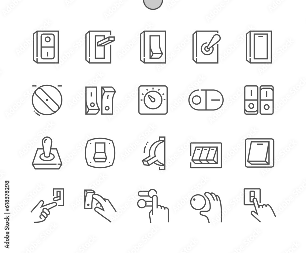 Switch. Light switch. Connection button. Toggle switch off position. Pixel Perfect Vector Thin Line Icons. Simple Minimal Pictogram Switch. Light switch. Connection button. Toggle switch off position. Pixel Perfect Vector Thin Line Icons. Simple Minimal Pictogram