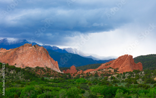 Garden of the Gods national park in the spring with lush green forest trees in Colorado Springs  CO USA.