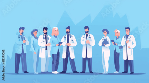 vector illustration group doctors hospital communication making scientific experiments diverse medical workers blue background flat banner .