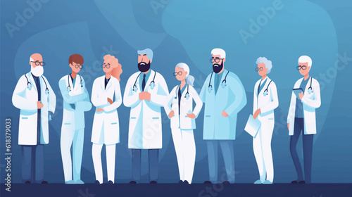 vector illustration group doctors hospital communication making scientific experiments diverse medical workers blue background flat banner .