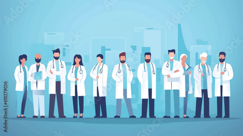 vector illustration group doctors hospital communication making scientific experiments diverse medical workers blue background flat banner .