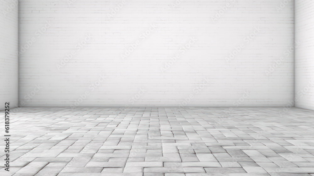 Fototapeta premium Urban white brick wall and cobble floor, texture backdrop