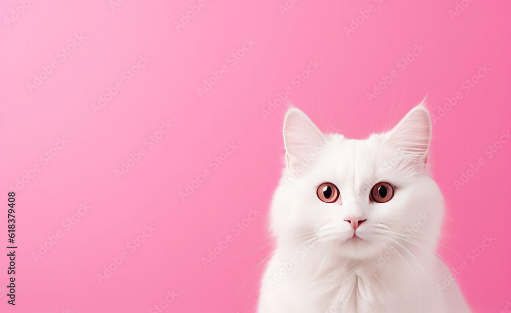 white cat on a plain pink background, space for text, AI generated white cat on a plain pink background, space for text, AI generated
