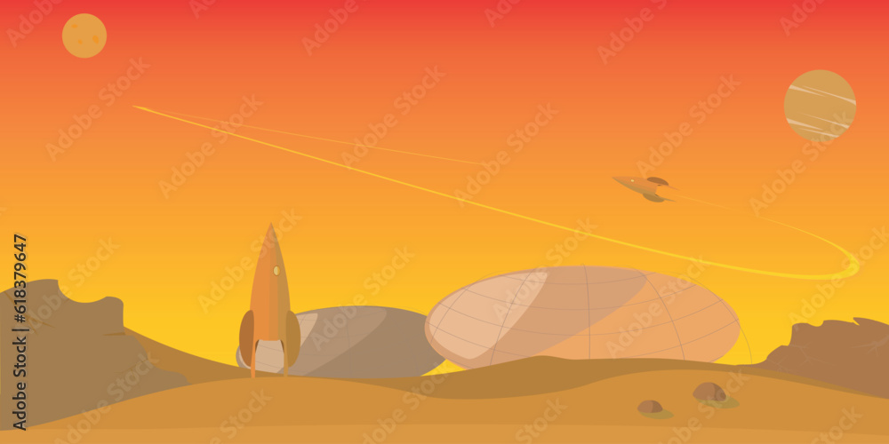 Red planet Mars colonization. Rockets on Mars and flys in sky on background houses for Mars settlers.	
