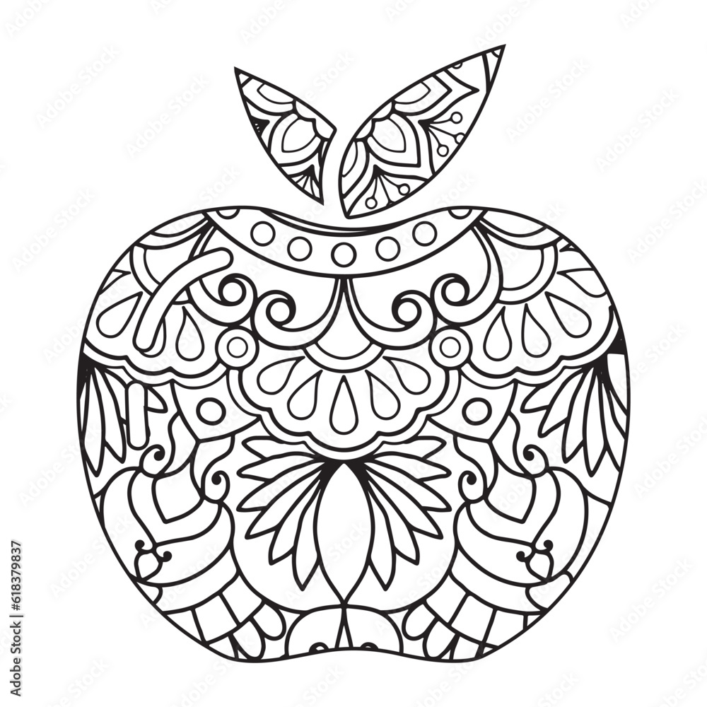 Mandala floral pattern made in mehndi style in form of apple fruit. Apple mandala. Mandala floral pattern made in mehndi style in form of apple fruit. Apple mandala.