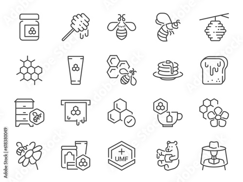 Honey icon set. It included bee, hive, products, sweet, and more icons. Editable Vector Stroke.
