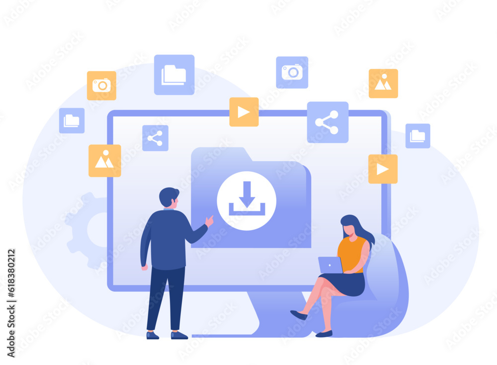 Download file document, transfer file, save file, storage, digital file, send and sharing, flat vector banner for landing page website Download file document, transfer file, save file, storage, digital file, send and sharing, flat vector banner for landing page website