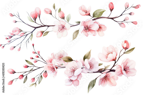 Watercolor of Tropical spring floral green leaves and flowers elements isolated on transparent png background, bouquets greeting or wedding card decoration, with Generative Ai.