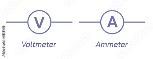Ammeter vs voltmeter symbol vector illustration. Measures current in a circuit and measures electrical potential difference between two points in an electric circuit. Practical applications of symbols