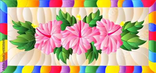 Illustration in stained glass style with flowers and leaves  of hibiscus on a brown background, in a bright frame