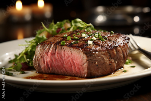 Grilled medium-rare beef steak in cut. Gourmet food. Delicious food. Generative AI