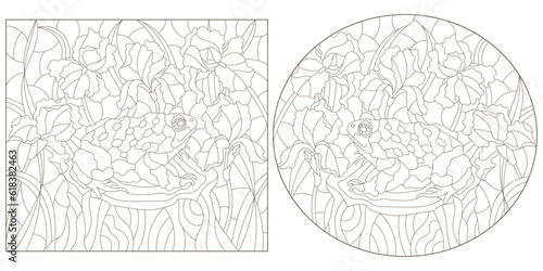 A set of contour illustrations in the style of stained glass with toads and iris flowers, dark contours on a white background