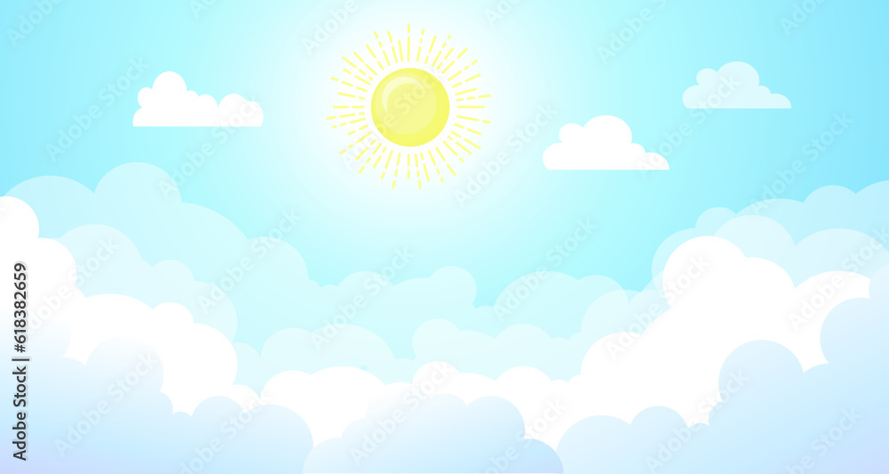 Vector background in cartoon style for magic design. White fluffy clouds and bright rainbow in the blue sky