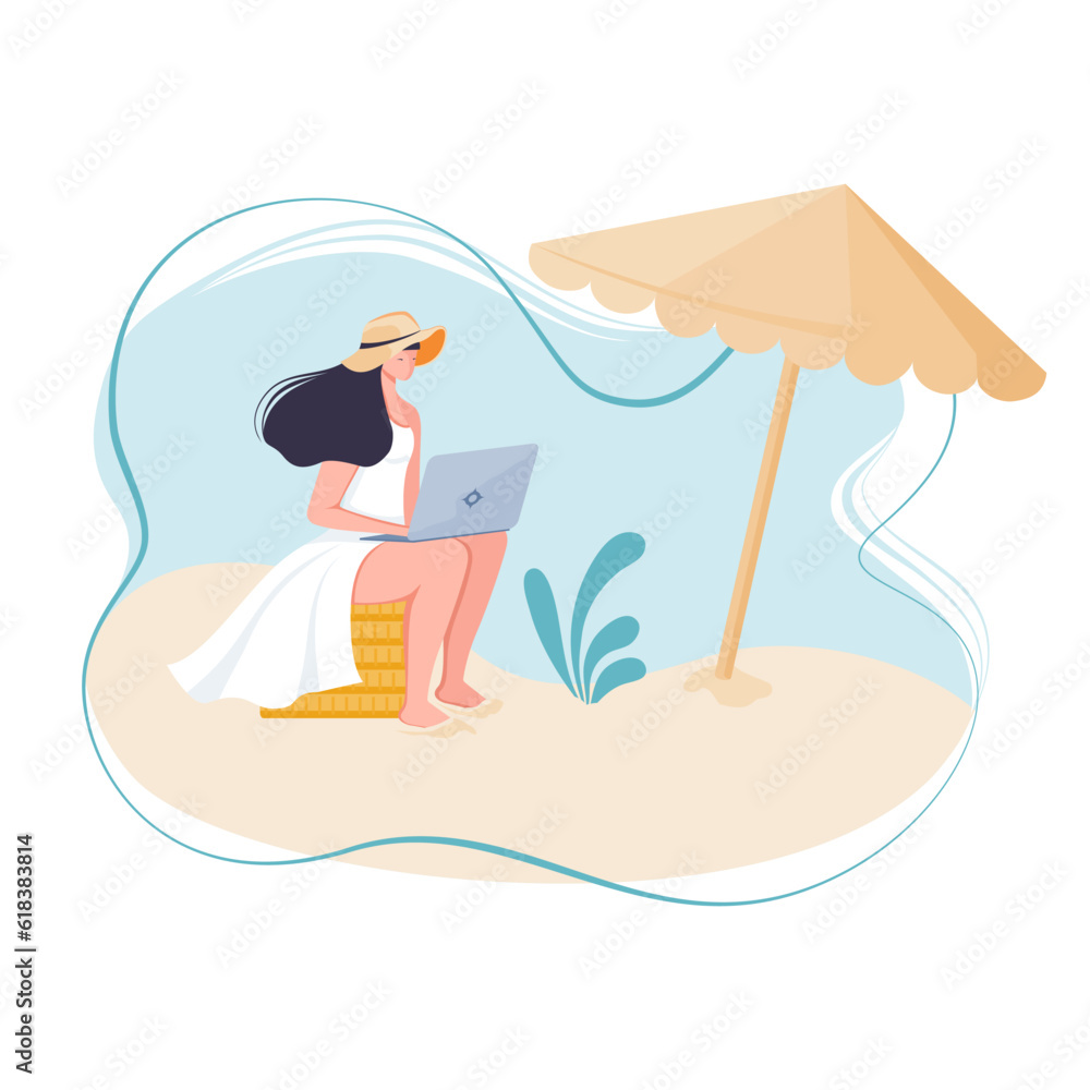 Female working on the beach. Freelancer woman working on laptop. Work from everywhere. Business woman or freelancer working on laptop sitting on a stack of coins. Work anywhere