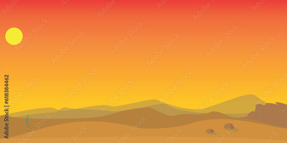 Desert landscape. Organic background with Western Texas or US panorama. Banner with silhouettes of mountains, eagles, scorching sun and cacti. Nature of USA.	