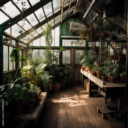 Greenhouse for growing plant seedlings. Cute glass house with fruits and vegetables. Garden, backyard design. Outdoor rustic concept. Generative ai © Inai
