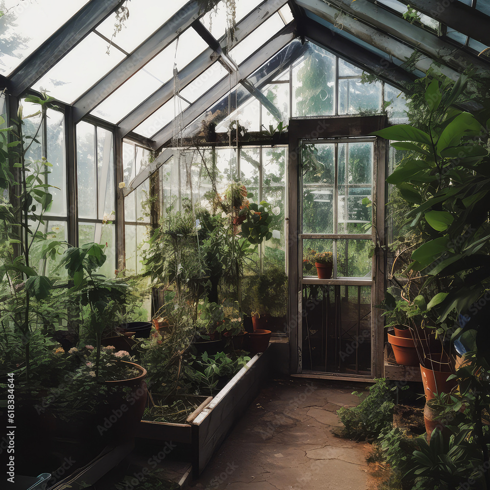 Greenhouse for growing plant seedlings. Cute glass house with fruits and vegetables. Garden, backyard design. Outdoor rustic concept. Generative ai Greenhouse for growing plant seedlings. Cute glass house with fruits and vegetables. Garden, backyard design. Outdoor rustic concept. Generative ai