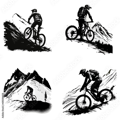 Black and white drawing of sportsmen on mountain bikes on a white background. For your design photo