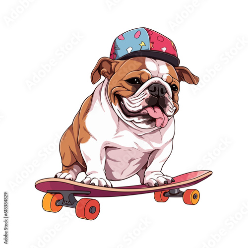 Funny and cute bulldog in a baseball cap and on a skateboard on a white background