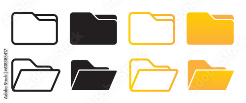 Folder icon vector set. Desktop black and yellow folder icon. Office document folder vector symbol. Empty file thin line sign. Archives files pictogram set. photo