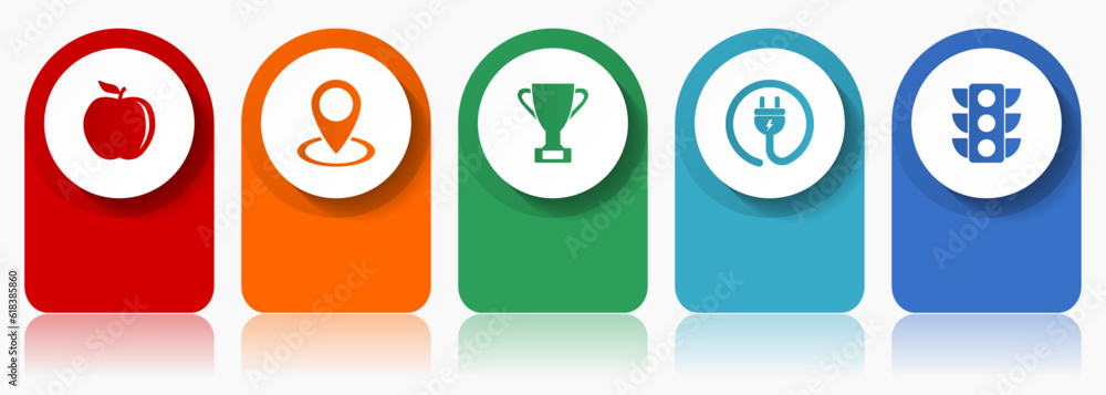 Internet icon set, miscellaneous vector icons such as apple, colorful, cup, plug and traffic lights, modern design infographic template, web buttons in 5 color options