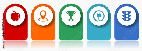 Internet icon set, miscellaneous vector icons such as apple, colorful, cup, plug and traffic lights, modern design infographic template, web buttons in 5 color options