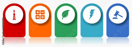 Fuel and energy icon set, miscellaneous vector icons such as oil and gas, calculator, leaf, bolt and auction, modern design infographic template, web buttons in 5 color options