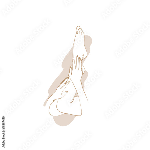 Beautiful woman legs one line art in beige color, continuous line drawing, body care, pedicure, beauty salon, spa. Fashion abstract isolated vector illustration. Print and logo design.
