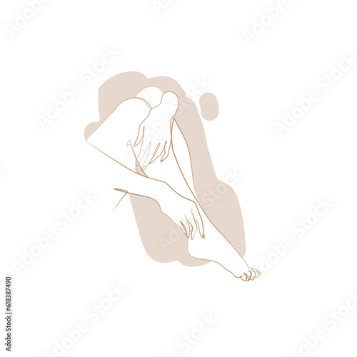 Beautiful woman legs one line art in beige color, continuous line drawing, body care, pedicure, beauty salon, spa. Fashion abstract isolated vector illustration. Print and logo design.