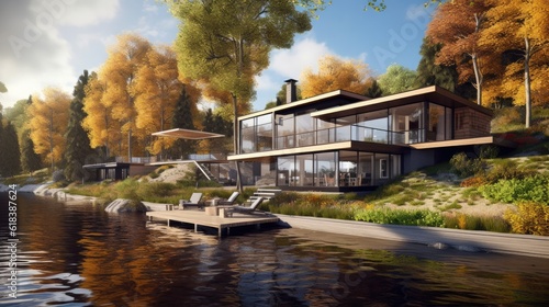 Modern lakeside house, lapos tetővel és nagy panoráma ablakokkal, high detailed photorealistic image  made with: AI Generative  photo