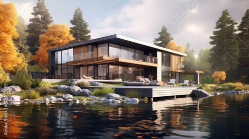 Modern lakeside house, lapos tetővel és nagy panoráma ablakokkal, high detailed photorealistic image  made with: AI Generative  photo