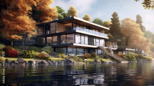 Modern lakeside house, lapos tetővel és nagy panoráma ablakokkal, high detailed photorealistic image  made with: AI Generative  photo