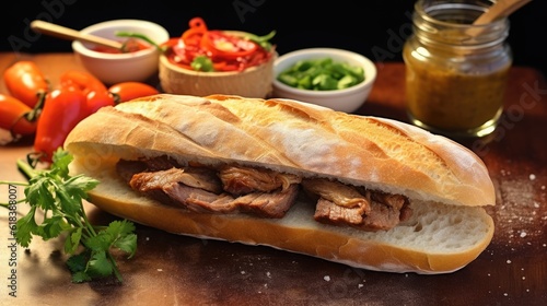 Crispy french baguette filled with pork meat - created using generative Ai tools