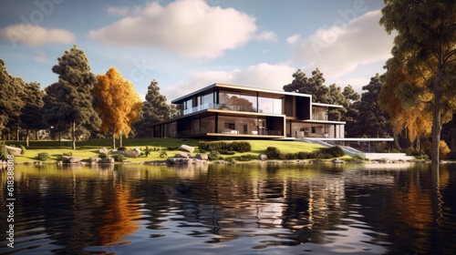 Modern lakeside house, lapos tetővel és nagy panoráma ablakokkal, high detailed photorealistic image  made with: AI Generative  photo