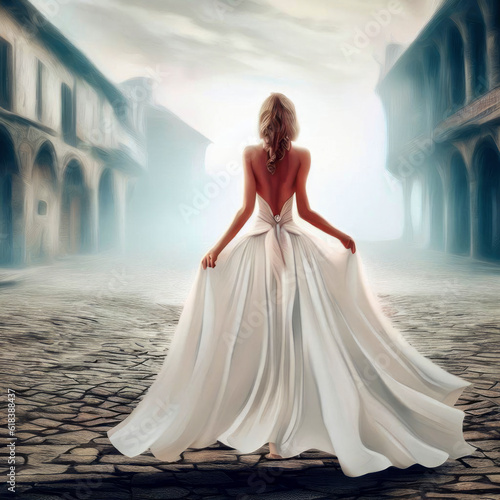 Stunning woman a beautiful white dress in an empty old town square  view from the back  generative AI illustration