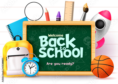 Welcome back to school vector design. Back to school text in green chalk board, school bag and alarm clock educational elements. Vector illustration learning educational template.