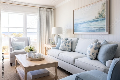 Elegant and comfortable coastal cottage interior created using generative AI tools