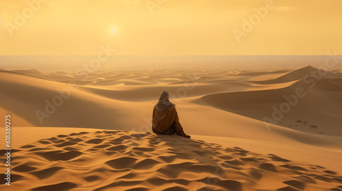 a lonely nomad in the desert landscape with dunes and patterns of sand, fictional landscape created with generative ai