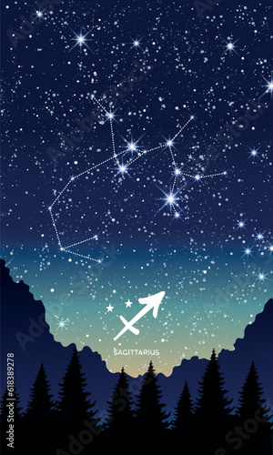 Sagittarius constellation in the night sky, zodiac sign, horoscope card, landscape vertical template for stories. Background for astrology, fortune teller, calendar. Modern vector illustration.