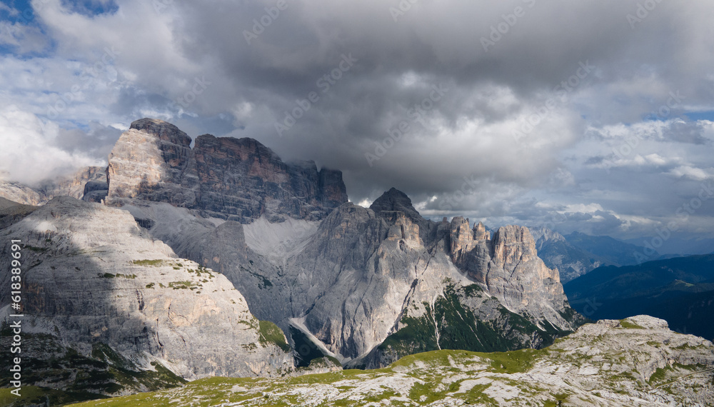 Panorama of a mountainous landscape in the Dolemites. Italian Alps. Drone Landscape Photography. Europe Travel. Hiking Destination. Tre Cime National Park.