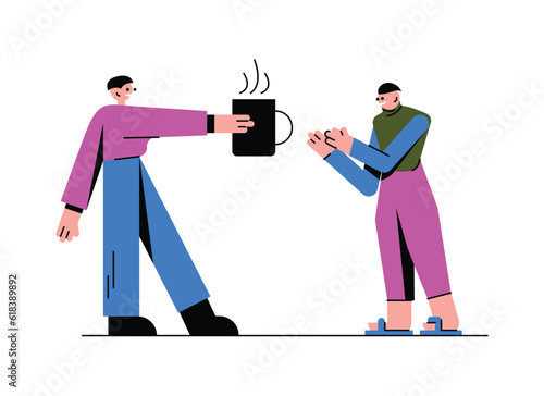 Cartoon characters from volunteering organizations helping other people. Man giving tea to friend. Voluntary altruistic activity. Getting assistance. Charity and donations. Vector