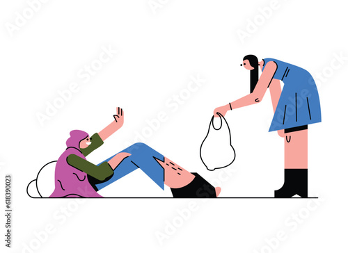 Young lady giving food to poor man. Helping people in need. Voluntary altruistic activity. Getting assistance. Charity and donations. Vector flat illustration in blue and purple colors