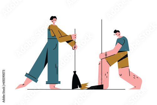 Young men hold broom and dustpan and clean up garbage on territory. Concept of social active youth and charity. Help from humanitarian aid organization. Vector flat illustration in blue colors