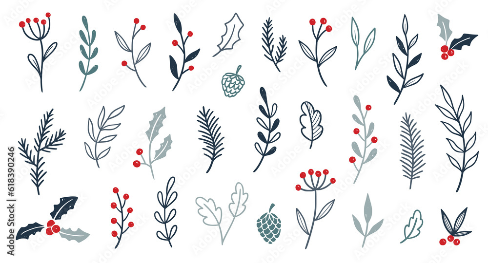 Christmas plant leaf, flower set. Hand drawn doodle sketch holly floral, christmas tree leaves, winter branch elements. Holiday decoration, rustic wreath sketch doodle. Vector illustration.