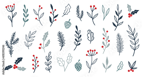 Christmas plant leaf, flower set. Hand drawn doodle sketch holly floral, christmas tree leaves, winter branch elements. Holiday decoration, rustic wreath sketch doodle. Vector illustration.
