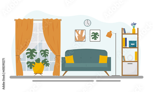 A modern living room in the apartment in a block of flats. Concept vector illustration in flat style.